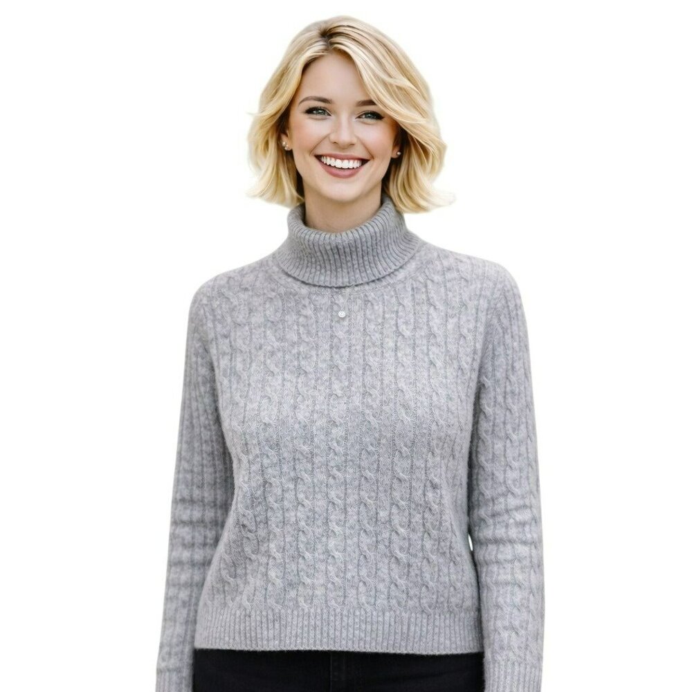 Vertical Design Gray 100% Cashmere Cable Knit Turtleneck Sweater XL Cozy Soft